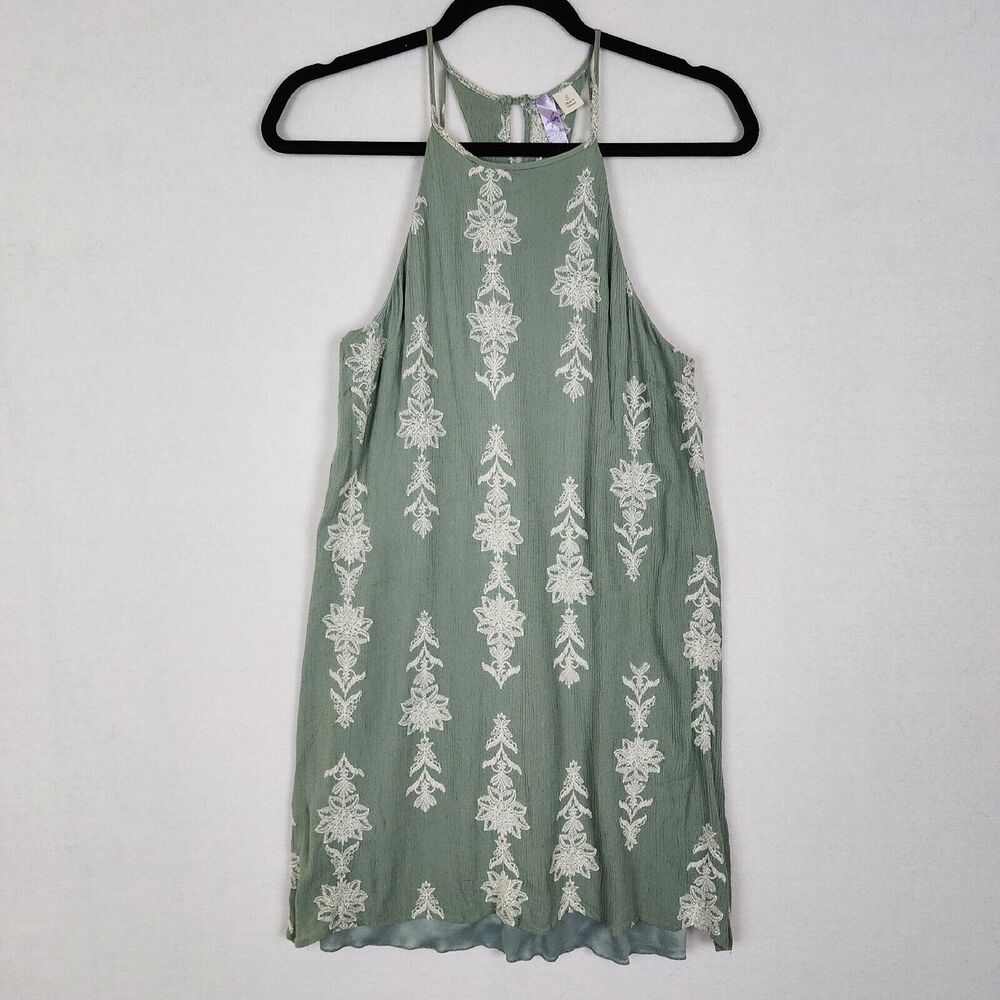Francesca Alya Green White Floral Mini Dress Embroidered Sleeveless Cutout Sz S